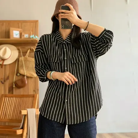 dza 复古磨毛竖条纹长袖衬衫外套女春外穿休闲衬衣百搭短款上衣女商品大图