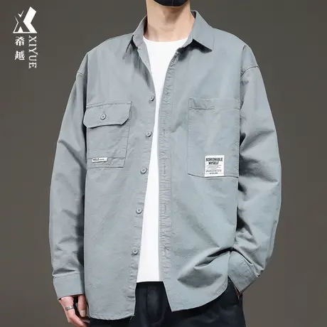 希越纯棉休闲衬衫男2024年春季新款男士休闲衬衣宽松大码翻领外套商品大图