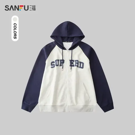 三福2024春季男士字母插肩袖卫衣 学院休闲连帽宽松上衣482676商品大图