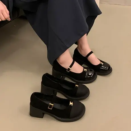 法式粗跟玛丽珍鞋女2024年新款复古百搭浅口单鞋配裙子黑色奶奶鞋商品大图