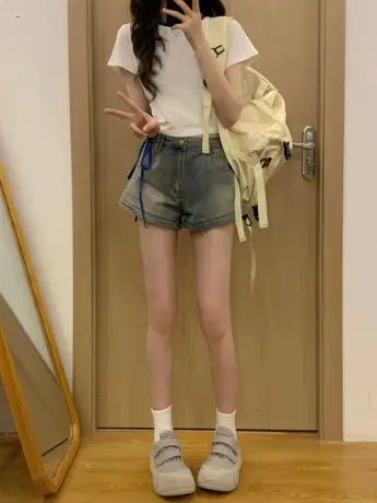 直筒牛仔短裤女夏季薄款美式复古辣妹风高腰显瘦a字热裤阔腿裤子商品大图