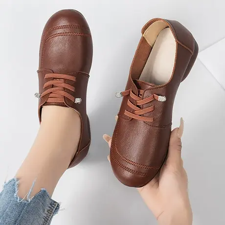 2023春秋软底平底妈妈皮鞋系带防滑休闲牛津底中老年人浅口女单鞋商品大图