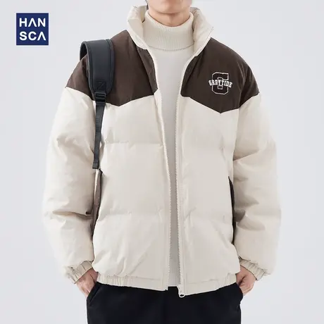 hansca日系潮牌立领棉衣男冬季美式拼色字母刺绣宽松保暖上衣外套商品大图