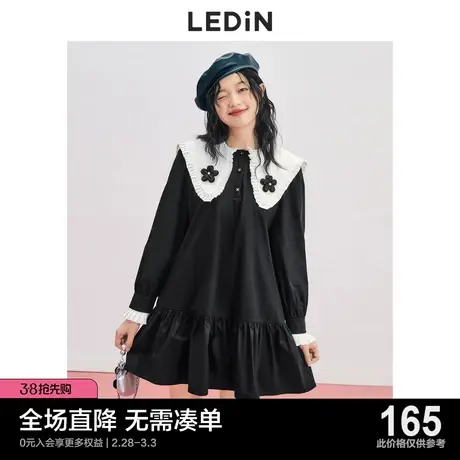 乐町压褶翻领衬衫裙休闲夏季新款长袖女装减龄漂亮黑色公主连衣裙图片