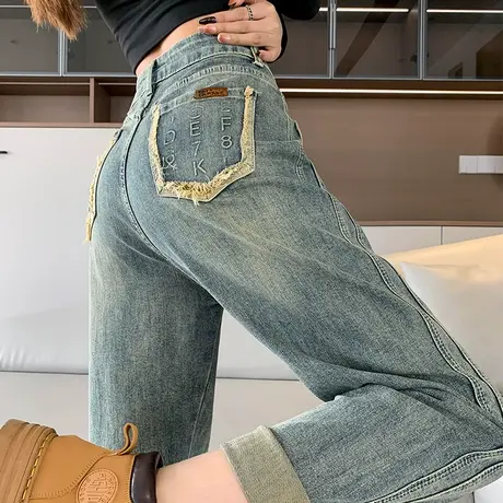 复古牛仔裤女春秋新款高腰宽松显瘦大码小个子胖MM直筒哈伦老爹裤商品大图