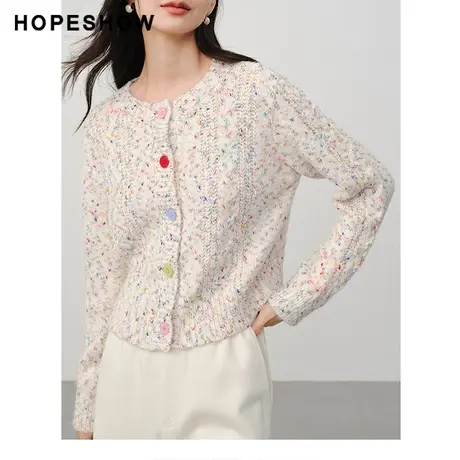 红袖香风彩点单排扣开衫女hopeshow2024春季新款宽松麻花纹针织衫图片