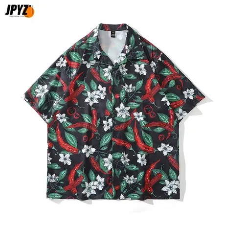 夏季翻领衬衫男辣椒花卉满印设计潮流百搭日系港风宽松bf短袖外套图片