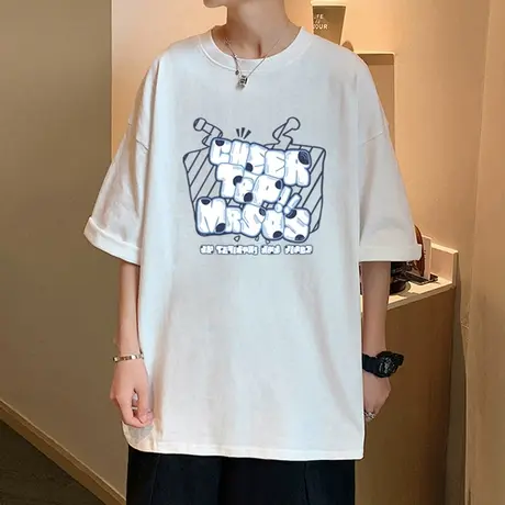 纯棉短袖T恤男2024新款夏季美式字母圆领大码半袖潮牌宽松体恤衫商品大图