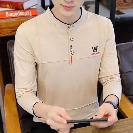 长袖t恤男士春秋季薄款潮流帅气修身立领上衣棉感休闲纯色polo衫商品大图