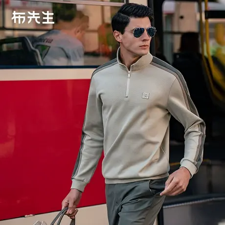 MrBu布先生撞色条纹拼接加厚长袖t恤拉链立领2023男士秋装BT12330商品大图