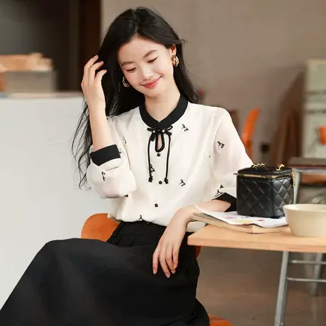 时尚气质国风长袖衬衫2023年秋季新款淑女温柔甜美圆领显瘦上衣商品大图