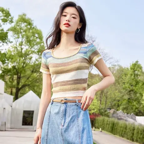 时尚气质方领条纹短袖针织衫2023年夏季新款淑女温柔显瘦通勤上衣商品大图