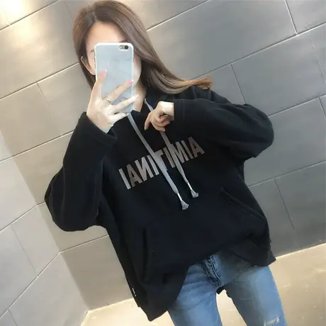 加绒加厚卫衣女连帽2023新款冬季时尚慵懒宽松学生字母韩版外套潮商品大图