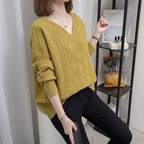 v领麻花毛衣女套头2023秋冬新款宽松针织衫内搭打底衫厚外穿上衣图片
