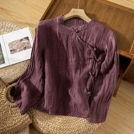 享永子 【新中式风尚】植物染色 手工盘扣 扎染砂洗亚麻上衣女商品大图