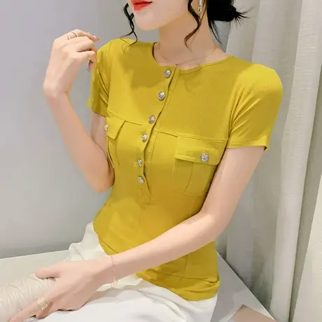 时尚网红短袖T恤女2023夏装新款洋气纽扣上衣设计感小众修身半袖商品大图