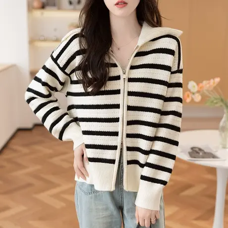 秋季2023新款女装拉链条纹毛衣针织开衫外套女宽松外搭高级感上衣商品大图