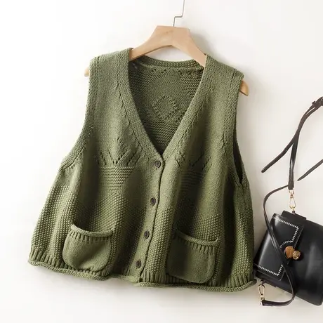 针织马甲背心女新款2022秋冬单排扣V领短款开衫宽松毛线坎肩马夹图片