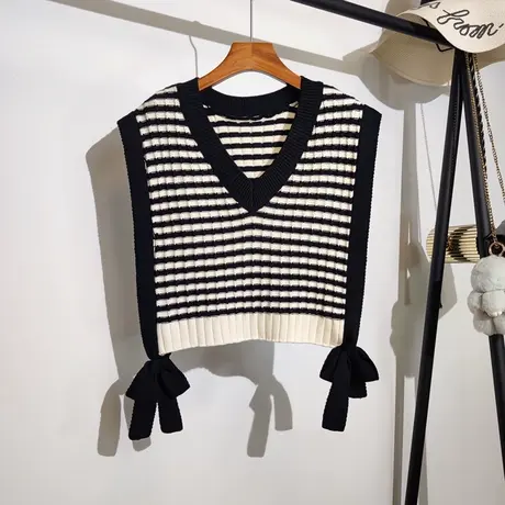 条纹针织背心马甲女春秋新款v领宽松侧边绑带设计感小众上衣外穿商品大图