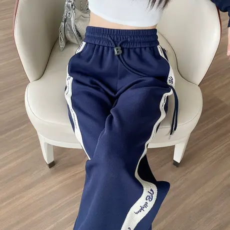 藏蓝色运动裤女春秋款2023新款束脚直筒裤子宽松休闲长裤阔腿卫裤图片