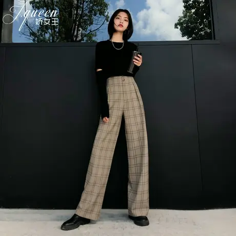 格子阔腿裤女高腰秋季新款复古格纹休闲裤ins网红宽松直筒长裤子图片