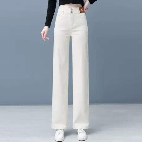白色牛仔裤子女春秋新款高腰大牌双扣窄版阔腿裤宽松垂感直筒潮裤商品大图