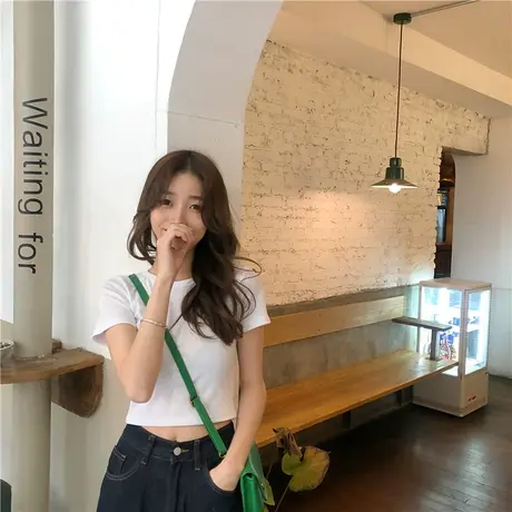 纯棉白t短袖T恤女高腰露脐夏季辣妹白色短款内搭bm纯欲甜飒风上衣商品大图