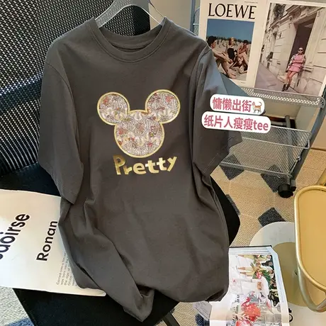 纯棉短袖T恤女韩版宽松灰色大码中长款上衣潮百搭显瘦减龄基础款商品大图