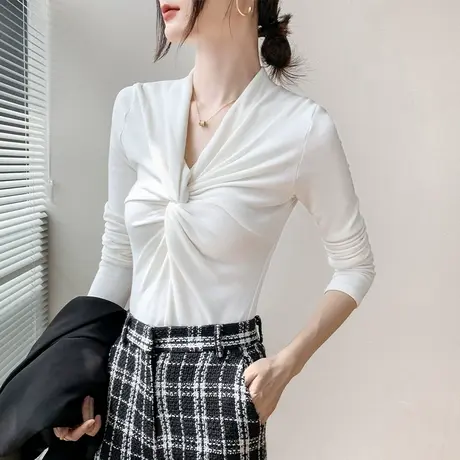 欧货纽带设计感小众上衣高级感女2023早春新款纯色修身显瘦针织衫商品大图