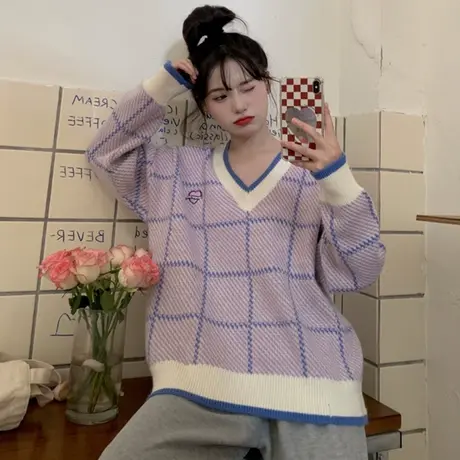 v领针织衫毛衣女复古日系春秋宽松套头外穿ins潮慵懒风小个子外套商品大图