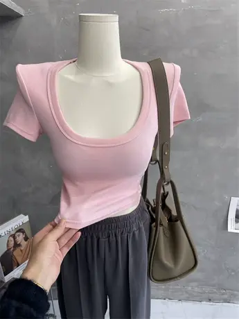 敲好搭！糖果色~低U领修身螺纹棉短袖T恤女打底衫短款上衣春新款商品大图