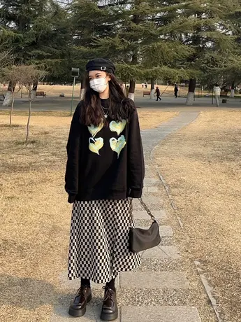 心形印花套头卫衣女落肩春秋宽松慵懒风复古美式圆领oversize上衣图片