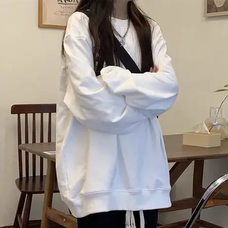 白色无帽卫衣女春秋大码胖mm长袖小众设计感潮牌宽松美式复古上衣图片
