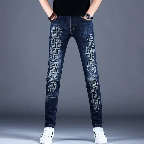 春秋款蓝色牛仔裤2023新款男士高级印花潮牌休闲长裤修身小脚裤子商品大图