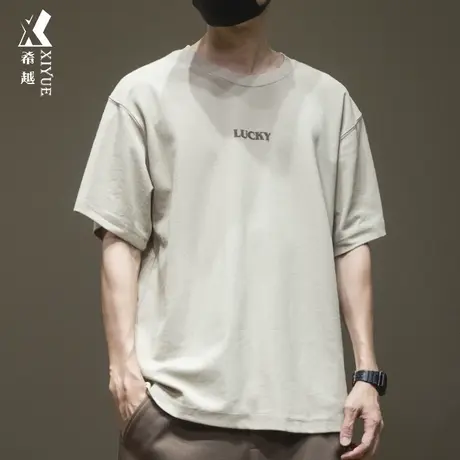 希越浅色小字母印花t恤男短袖2023夏季新款宽松大码男士半袖衣服商品大图