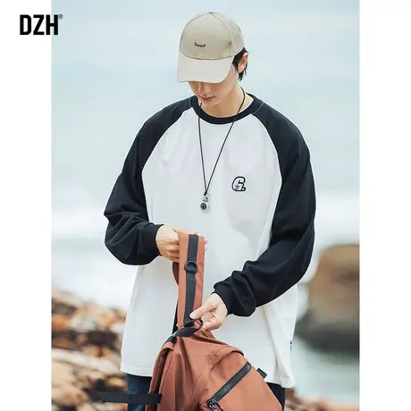 男士纯棉t恤男长袖宽松拼接上衣百搭男装2023新款圆领卫衣春秋季商品大图