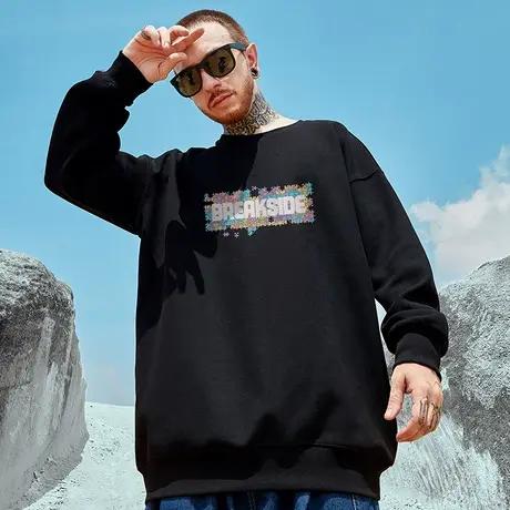 简约oversize港风圆领卫衣男潮牌ins潮流大码男装秋冬季加绒加厚图片