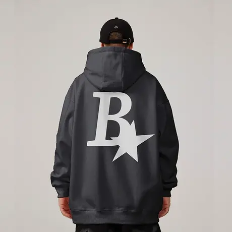 b字母美式复古嘻哈大码卫衣男装纯棉重磅做旧高街外套加绒早春秋商品大图