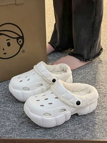 加绒厚底增高洞洞鞋女外穿2023秋冬新款保暖居家包头防滑毛毛拖鞋商品大图