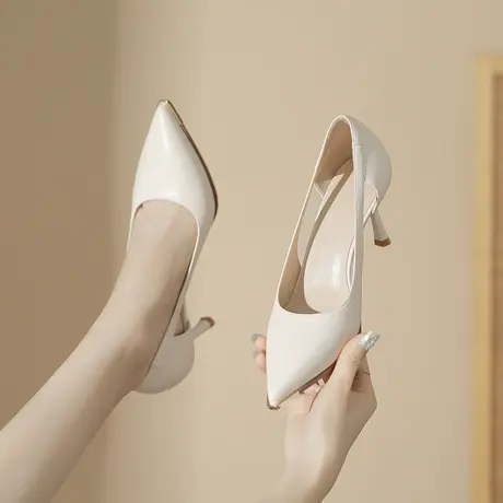 真皮高跟鞋女2023年新款秋季镂空尖头法式少女气质细跟单鞋商品大图