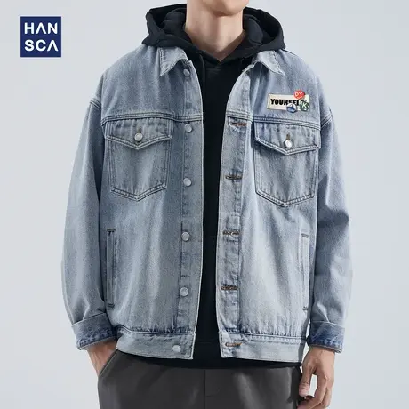 hansca美式高街牛仔外套男秋季复古潮牌宽松大码拼接痞帅休闲夹克商品大图