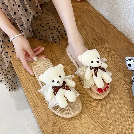2023潮夏季韩版卡通小熊平底女拖鞋百搭一字拖外穿凉拖学生少女心图片