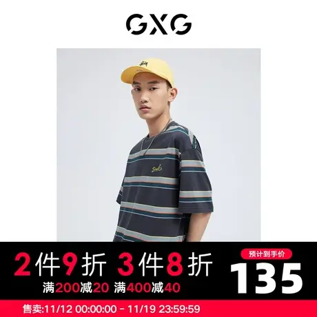 GXG男装 夏季休闲复古条纹趣味绣花圆领短袖T恤10D1440659B商品大图