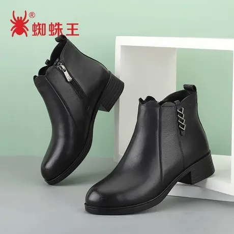 蜘蛛王短靴女新款冬季简约真皮靴子粗跟女靴马丁靴加绒女鞋子商品大图