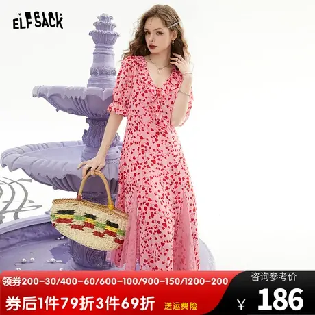 妖精的口袋v领碎花连衣裙女2023夏新款荷叶边长裙气质显瘦度假风商品大图