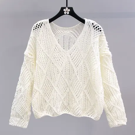 菱形镂空针织衫女2023春季新款宽松慵懒风高级感长袖打底防晒罩衫图片