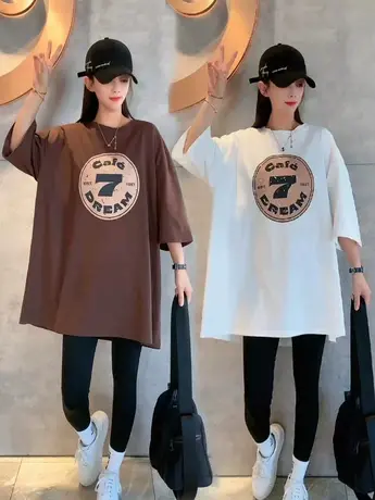 欧洲站2023夏新款宽松短袖圆领套头打底胸前数字印花中长款T恤女商品大图