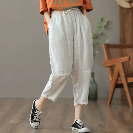 dza 高腰显瘦白色棉麻裤子女夏薄款宽松阔腿裤九分休闲直筒抽绳裤商品大图
