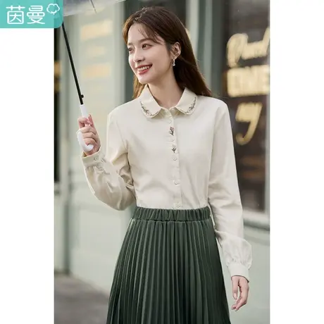 茵曼2023春女装新款复古文艺重工钉珠挨针绣花单排扣宽松长袖衬衫商品大图