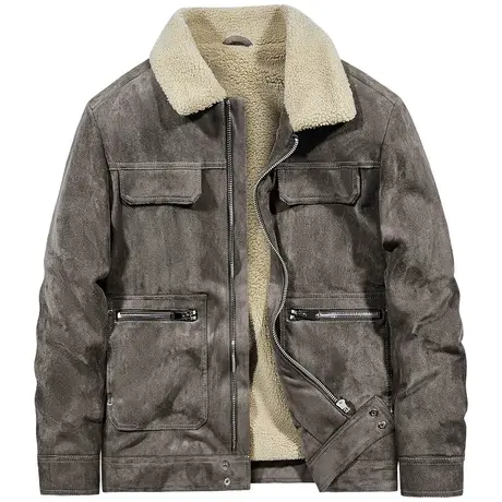 VIP鹿皮绒工装外套男翻领复古仿羊羔毛棉衣冬季加绒加厚棉服潮牌商品大图